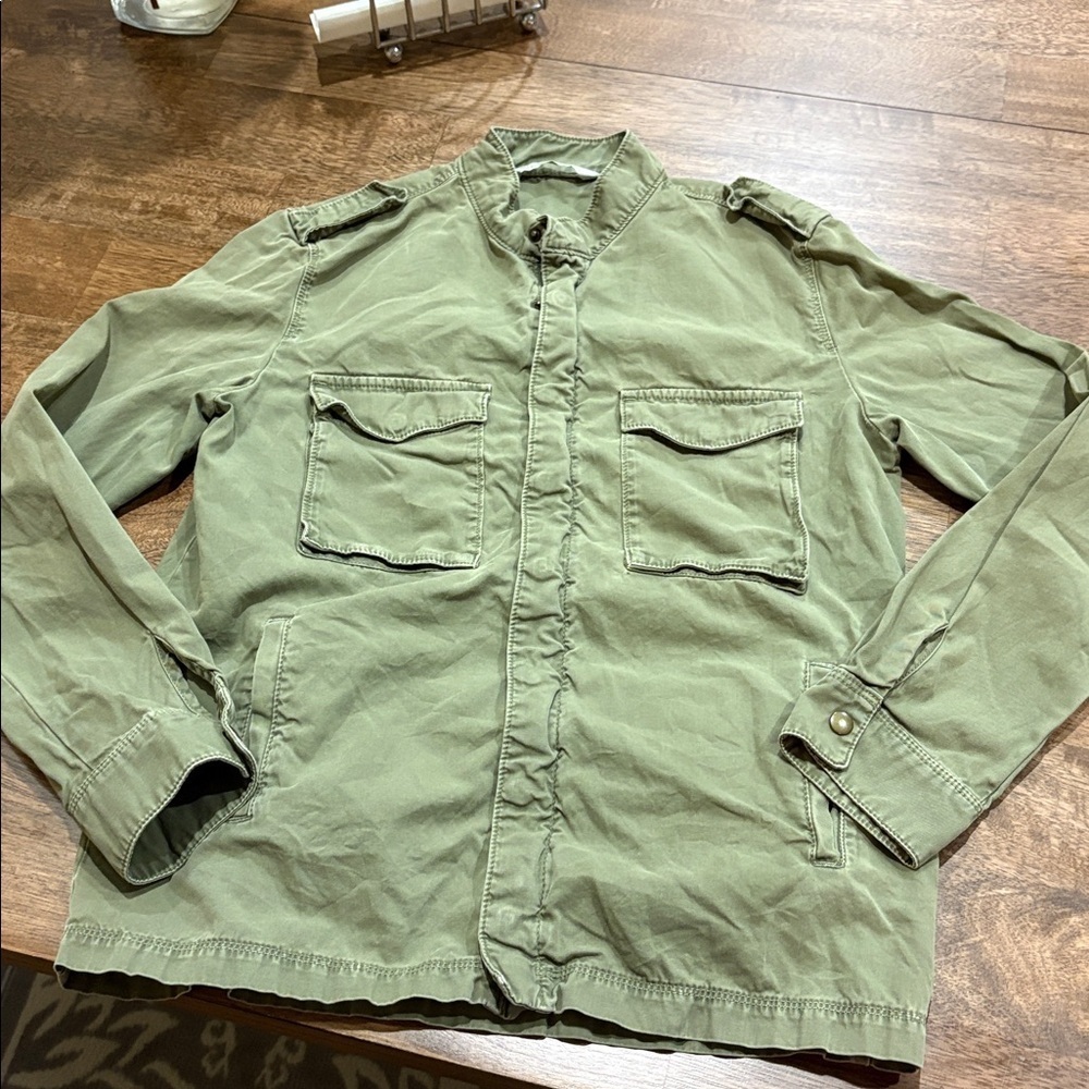 Zara Denim Green Utility Jacket with Military Styling Medium